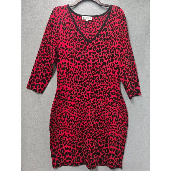 Nanette Lepore Red Black Animal Print Bodycon Sweater Dress Size Large - Picture 1 of 4